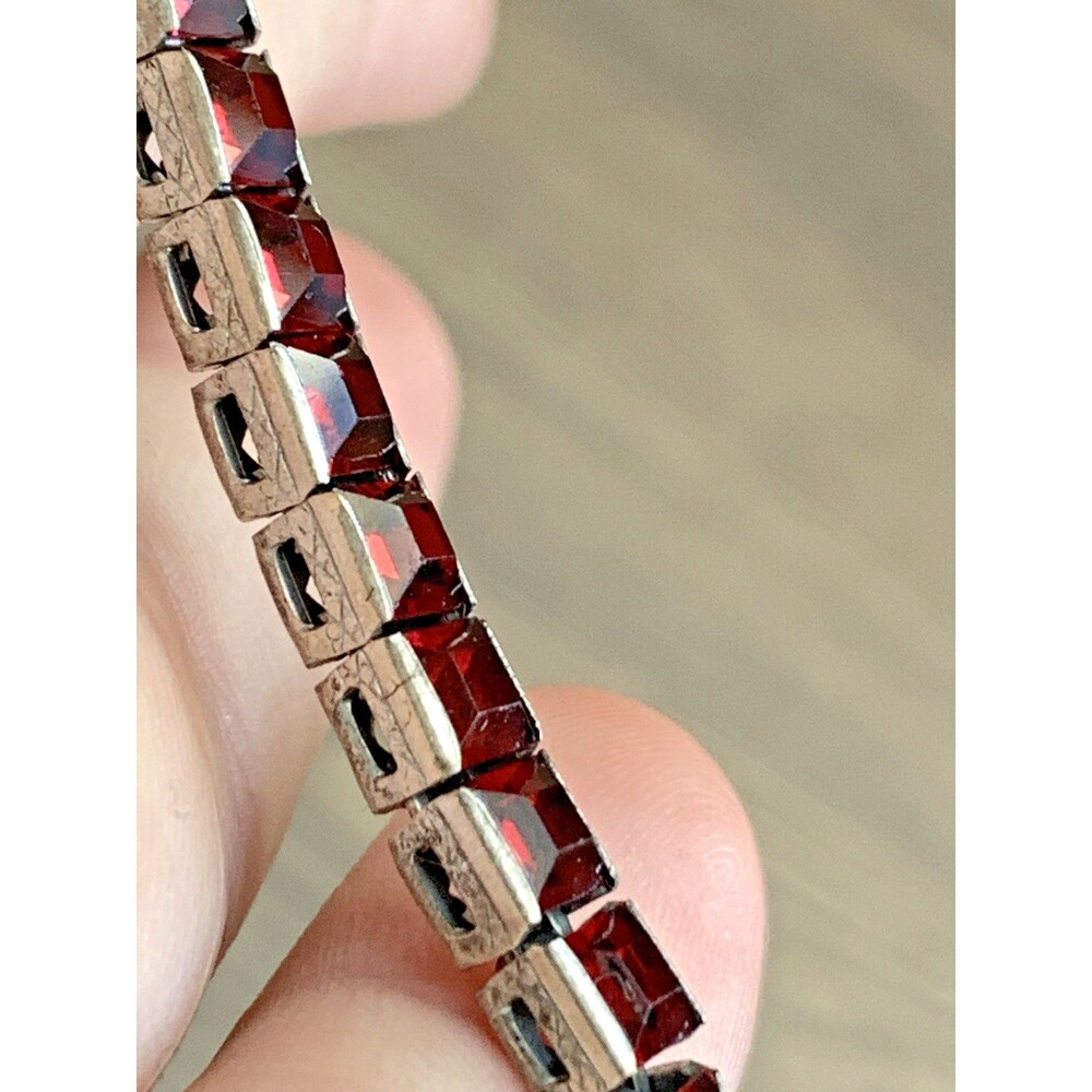 Vintage Red Rhinestone Tennis Bracelet 925 Sterling Silver Square Cut 7" - Picture 8 of 15
